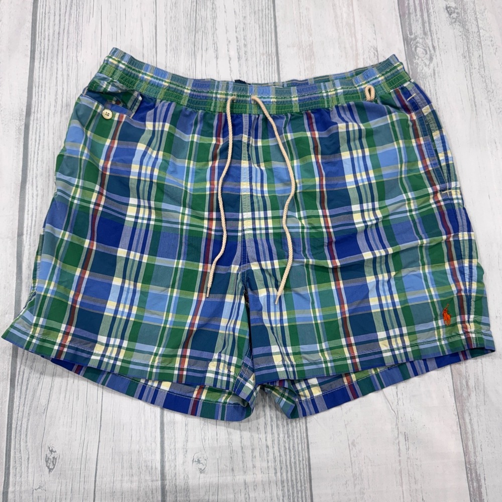 POLO Ralph Lauren Bathing Suit 2XL Pony Green Plaid Swim Trunks Shorts Beach Men